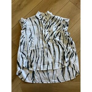 Secular White‎ Black Abstract Print Ruffle High Low Sleeveless Blouse XS